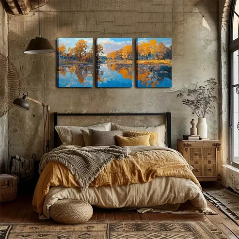 3pcs Rustic Autumn Forest Reflection Wall Art Set Canvas Framed 40x60cm – High Quality Print 100% Australian Made Wall Canvas Ready to Hang