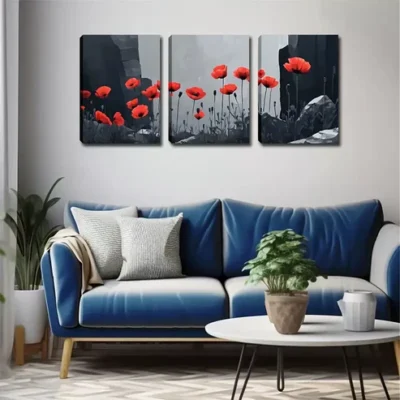 3pcs Red Poppy Triptych Wall Art Set Canvas Framed 40x60cm - High Quality Print 100% Australian Made Wall Canvas Ready to Hang