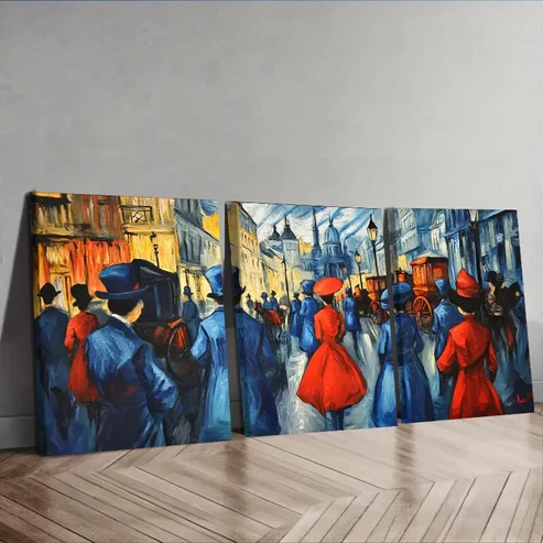 3pcs Vibrant Market Scene with People in Red Wall Art Set Canvas Framed 40x60cm – High Quality Print 100% Australian Made Wall Canvas Ready to Hang