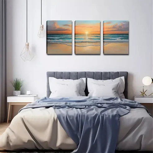 3pcs Serene Beach Scene Waves, and Golden Sunset Wall Art Set Canvas Framed 40x60cm – High Quality Print 100% Australian Made Wall Canvas Ready to Hang