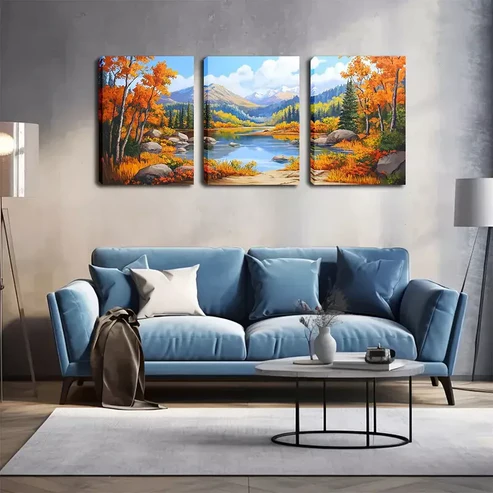 3pcs Mountains And Lakes In Autumn Wall Art Set Canvas Framed 40x60cm – High Quality Print 100% Australian Made Wall Canvas Ready to Hang