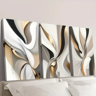 3pcs Golden & White Swirls, Light Luxury Wall Art Set Canvas Framed 40x60cm - High Quality Print 100% Australian Made Wall Canvas Ready to Hang