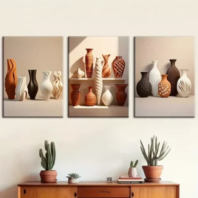 3pcs Featuring Solid Patterned Ceramic Bottle Wall Art Set Canvas Framed 40x60cm - High Quality Print 100% Australian Made Wall Canvas Ready to Hang