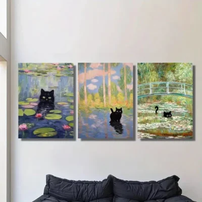 3pcs Black Cat Inspired by Monet Wall Art Set Canvas Framed 40x60cm - High Quality Print 100% Australian Made Wall Canvas Ready to Hang