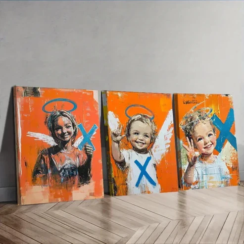 3pcs Abstract Angel Trio, Orange & Blue Accent Wall Art Set Canvas Framed 50x70cm – High Quality Print 100% Australian Made Wall Canvas Ready to Hang