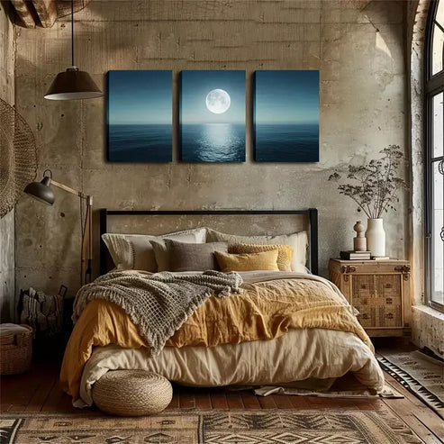 3pcs Round Moon, Sea Level, Oil Painting, Wall Art Set Canvas Framed 40x60cm – High Quality Print 100% Australian Made Wall Canvas Ready to Hang