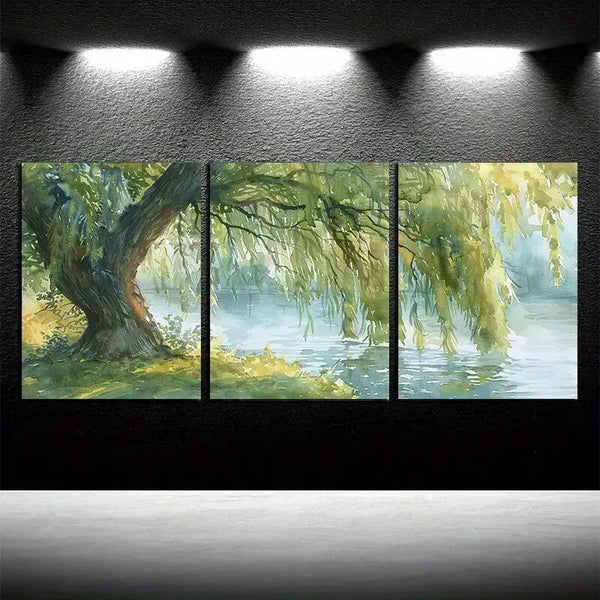 3pcs Willow Tree & Lake Oil Painting Canvas Framed 50x70cm- High Quality Print 100% Australian Made Wall Canvas Ready to Hang