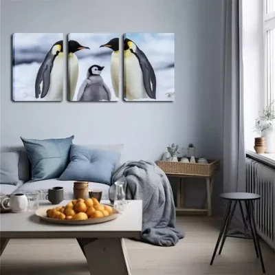 3pcs One Penguin Family Wall Art Set Canvas Framed 40x60cm - High Quality Print 100% Australian Made Wall Canvas Ready to Hang