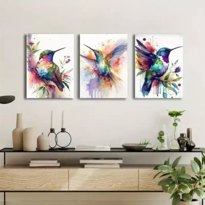 3pcs Watercolor Hummingbird & Flowers Canvas Framed 50x70cm- High Quality Print 100% Australian Made Wall Canvas Ready to Hang