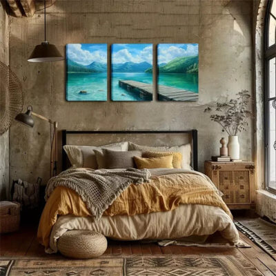 3pcs Green Lake And Wooden Bridge, Wall Art Set Canvas Framed 40x60cm - High Quality Print 100% Australian Made Wall Canvas Ready to Hang