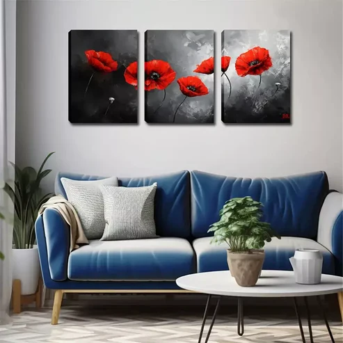 3pcs Deep Red Flowers Wall Art Set Canvas Framed 40x60cm – High Quality Print 100% Australian Made Wall Canvas Ready to Hang