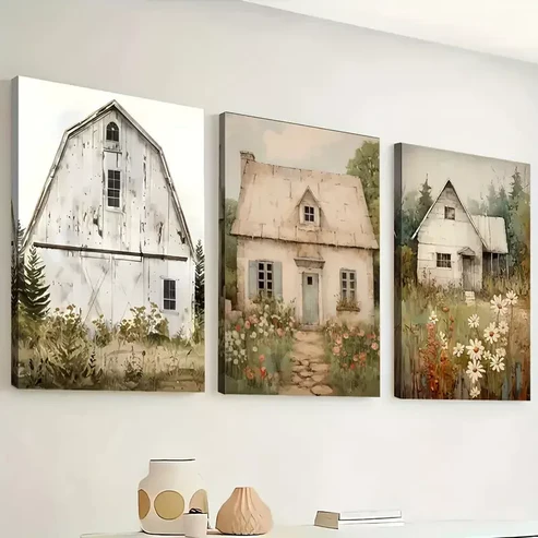 3pcs Vintage Farmhouse And Rural Architecture Wall Art Set Canvas Framed 40x60cm – High Quality Print 100% Australian Made Wall Canvas Ready to Hang