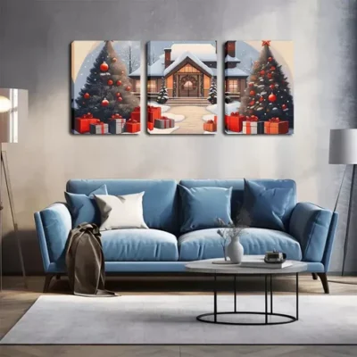 3pcs Snowy Day, Christmas, Christmas Tree Wall Art Set Canvas Framed 40x60cm - High Quality Print 100% Australian Made Wall Canvas Ready to Hang