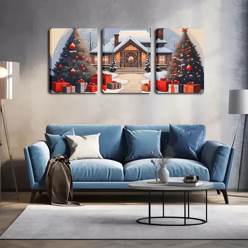 3pcs Snowy Day, Christmas, Christmas Tree Wall Art Set Canvas Framed 40x60cm – High Quality Print 100% Australian Made Wall Canvas Ready to Hang
