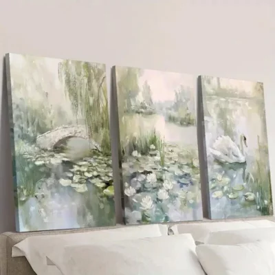 3pcs Depicting Spring Scenes Pond with Water Lily Wall Art Set Canvas Framed 50x70cm - High Quality Print 100% Australian Made Wall Canvas Ready to Hang