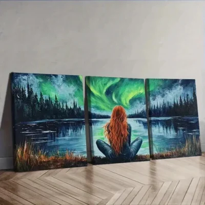 3pcs Stunning Northern Lights & Girl Silhouette Wall Art Set Canvas Framed 50x70cm - High Quality Print 100% Australian Made Wall Canvas Ready to Hang
