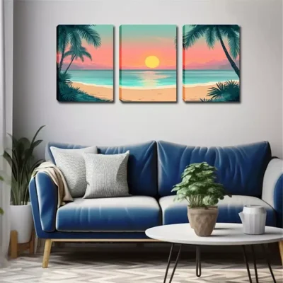3pcs Vibrant Seaside Coconut Trees, Red Sky Wall Art Set Canvas Framed 40x60cm - High Quality Print 100% Australian Made Wall Canvas Ready to Hang