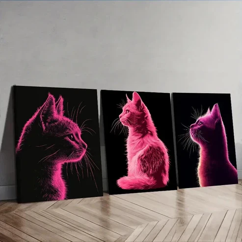 3pcs Vector Illustration Cat, Luxurious Wall Art Set Canvas Framed 50x70cm – High Quality Print 100% Australian Made Wall Canvas Ready to Hang
