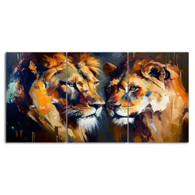 3 Piece Lion and Lioness Painting Canvas Framed 50x70cm - High Quality Print 100% Australian Made Wall Canvas Ready to Hang