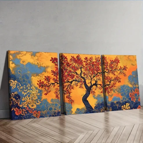 3pcs Yellow flowers, trees Wall Art Set Canvas Framed 50x70cm – High Quality Print 100% Australian Made Wall Canvas Ready to Hang