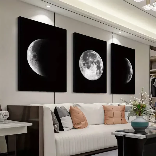 3pcs Full and Half Moon Black & White Canvas Framed 50x70cm- High Quality Print 100% Australian Made Wall Canvas Ready to Hang