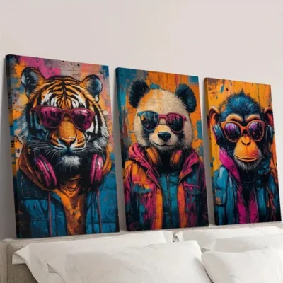 3pcs Animals wearing glasses and headphones Wall Art Set Canvas Framed 40x60cm - High Quality Print 100% Australian Made Wall Canvas Ready to Hang