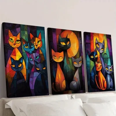 3pcs Abstract Cat Fantasy Colors Wall Art Set Canvas Framed 40x60cm - High Quality Print 100% Australian Made Wall Canvas Ready to Hang