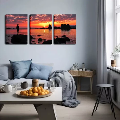 3pcs Person Standing by The Coast And Watching Wall Art Set Canvas Framed 40x60cm – High Quality Print 100% Australian Made Wall Canvas Ready to Hang