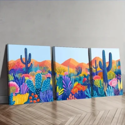 3pcs Colorful Cactus & Floral Garden Scene Wall Art Set Canvas Framed 50x70cm - High Quality Print 100% Australian Made Wall Canvas Ready to Hang