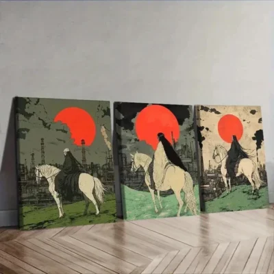 3pcs Red Sunset & White Horse Design Wall Art Set Canvas Framed 50x70cm - High Quality Print 100% Australian Made Wall Canvas Ready to Hang