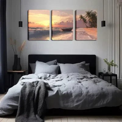 3pcs Tropical Seascape with Palm Trees & Rowboat Wall Art Set Canvas Framed 40x60cm - High Quality Print 100% Australian Made Wall Canvas Ready to Hang