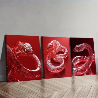3pcs Red Crystal Snake Wall Art Set Canvas Framed 50x70cm - High Quality Print 100% Australian Made Wall Canvas Ready to Hang