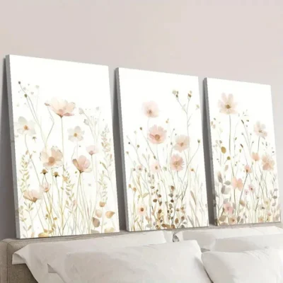 3pcs Soft Pink and Golden Wildflower Wall Art Set Canvas Framed 40x60cm - High Quality Print 100% Australian Made Wall Canvas Ready to Hang