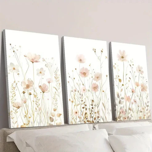 3pcs Soft Pink and Golden Wildflower Wall Art Set Canvas Framed 40x60cm – High Quality Print 100% Australian Made Wall Canvas Ready to Hang