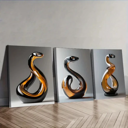 3pcs Elegant Snake Glass Sculpture Wall Art Set Canvas Framed 40x60cm – High Quality Print 100% Australian Made Wall Canvas Ready to Hang