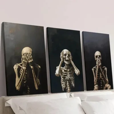 3pcs Golden-Hued Skeletons in Various Poses Wall Art Set Canvas Framed 50x70cm - High Quality Print 100% Australian Made Wall Canvas Ready to Hang