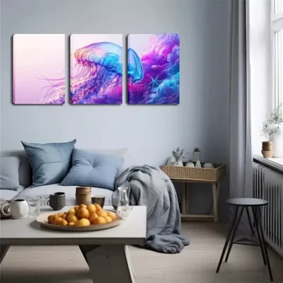 3pcs Colorful, Elf-Clear Jellyfish, Pigment Wall Art Set Canvas Framed 40x60cm - High Quality Print 100% Australian Made Wall Canvas Ready to Hang