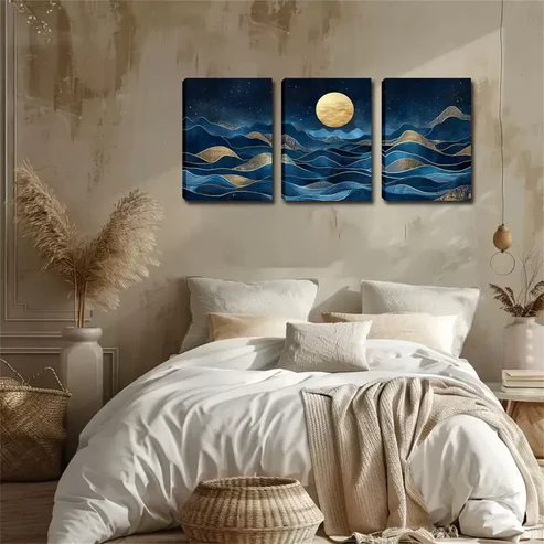 3pcs Blue Abstract Mountain And Moon Wall Art Set Canvas Framed 40x60cm – High Quality Print 100% Australian Made Wall Canvas Ready to Hang