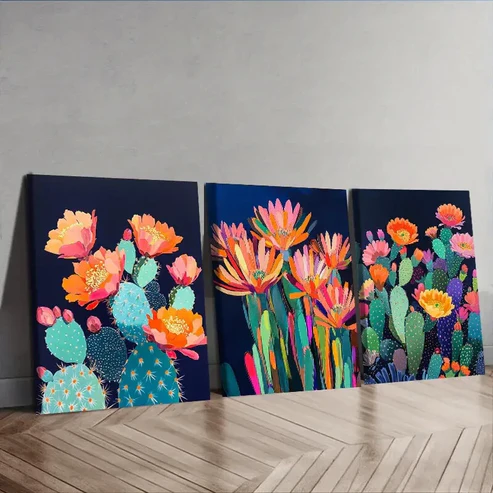 3pcs Vibrant Cactus Night Garden Wall Art Set Canvas Framed 40x60cm – High Quality Print 100% Australian Made Wall Canvas Ready to Hang