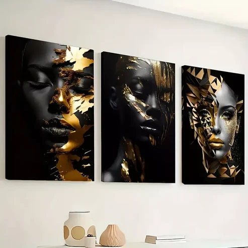 3pcs Abstract Golden Decoration of African Women Wall Art Set Canvas Framed 40x60cm – High Quality Print 100% Australian Made Wall Canvas Ready to Hang