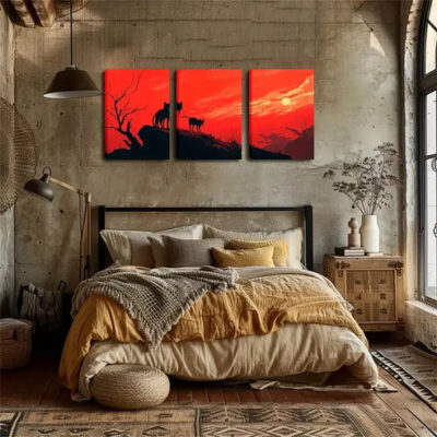 3pcs Red Sky And Black Cat Wall Art Set Canvas Framed 40x60cm - High Quality Print 100% Australian Made Wall Canvas Ready to Hang