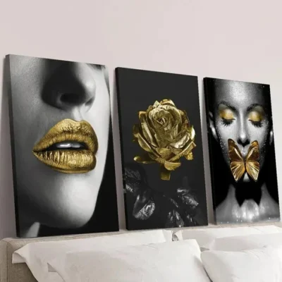 3pcs woman with Golden lipstick girl with Gold Wall Art Set Canvas Framed 50x70cm - High Quality Print 100% Australian Made Wall Canvas Ready to Hang