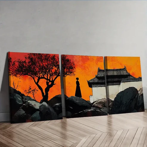 3pcs Vibrant Sunset Scene with Silhouette Figure Wall Art Set Canvas Framed 40x60cm – High Quality Print 100% Australian Made Wall Canvas Ready to Hang