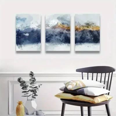 3pcs Blue & Gold Abstract Mountains Canvas Framed 50x70cm- High Quality Print 100% Australian Made Wall Canvas Ready to Hang