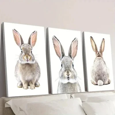 3pcs cute bunny, rabbit animal nordic Wall Art Set Canvas Framed 50x70cm - High Quality Print 100% Australian Made Wall Canvas Ready to Hang