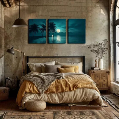3pcs Under The Night Sky, Seaside Coconut Trees, Wall Art Set Canvas Framed 40x60cm - High Quality Print 100% Australian Made Wall Canvas Ready to Hang