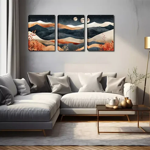 3pcs Layered Mountain, Two Moons, Wall Art Set Canvas Framed 40x60cm – High Quality Print 100% Australian Made Wall Canvas Ready to Hang