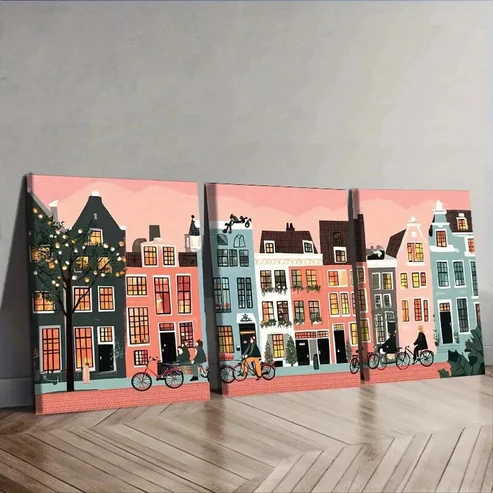 3pcs Beautiful Fairytale Town, Wall Art Set Canvas Framed 50x70cm – High Quality Print 100% Australian Made Wall Canvas Ready to Hang