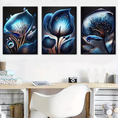 3pcs Modern Dark Blue Fantasy Flowers Abstract Wall Art Set Canvas Framed 40x60cm – High Quality Print 100% Australian Made Wall Canvas Ready to Hang