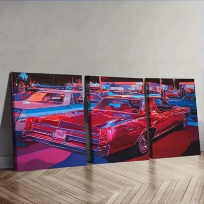 3pcs Vibrant Red & Blue Classic Cars in Night Wall Art Set Canvas Framed 40x60cm - High Quality Print 100% Australian Made Wall Canvas Ready to Hang